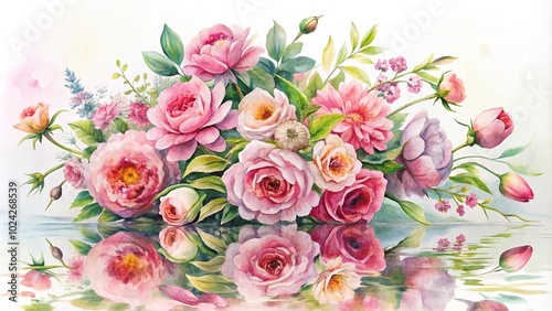 watercolor painting, flower bouquet, pink flowers, leaves