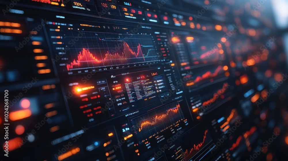 A close-up shot of a futuristic digital dashboard with various data visualizations, including charts, graphs, and numbers, with a focus on a red line graph indicating a downward trend. A close-up shot of a futuristic digital dashboard with various data visualizations, including charts, graphs, and numbers, with a focus on a red line graph indicating a downward trend.
