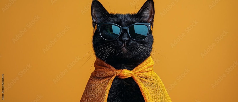 A stylish black cat wearing sunglasses and a cape, showcasing a fun and playful attitude against a vibrant orange background.