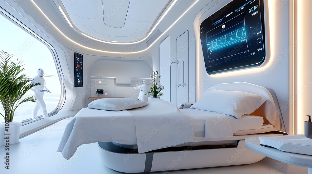Fototapeta premium Futuristic robotic surgery with holographic medical screens showcasing the latest advancements in healthcare technology and digital innovation
