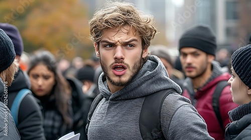 A busy street scene where a bystander is caught off guard by an unexpected argument between two people, showcasing a mix of emotions on their face amidst the crowd. Ultra-Realistic, Photo Realistic, 