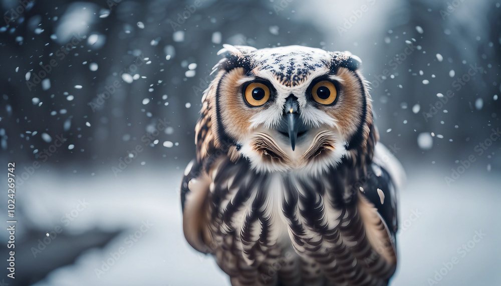 An owl is captured flying directly towards the camera amidst falling snow, creating a magical winter scene. An owl is captured flying directly towards the camera amidst falling snow, creating a magical winter scene.