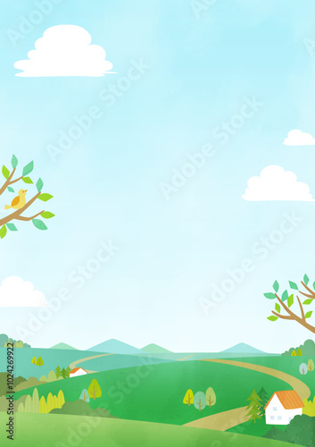 background illustration grass field and houses