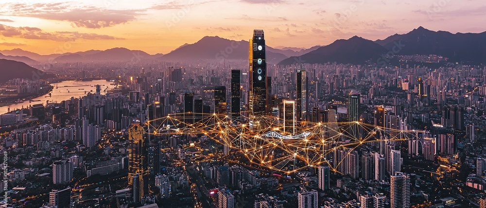 Fototapeta premium Aerial view of a cityscape at sunset with a network of glowing lines connecting the buildings.