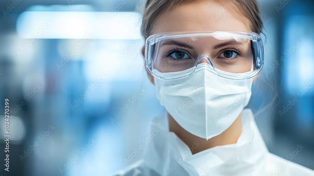 A healthcare professional wearing protective gear, including a mask and goggles, in a clinical setting.