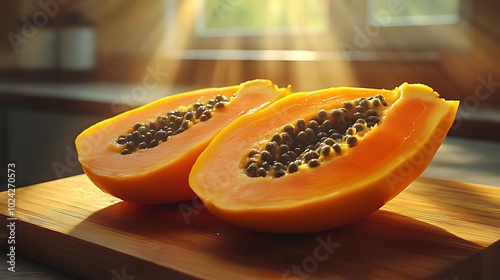 Two halves of ripe papaya fruit on a wooden cutting board, backlit by sunlight streaming through a window. photo