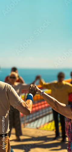 Fotografía Group of elderly people with their arms raised holding hands dancing the traditional Catalan sardana in chorus on a sunny day in Barcelona with the Mediterranean Sea behind