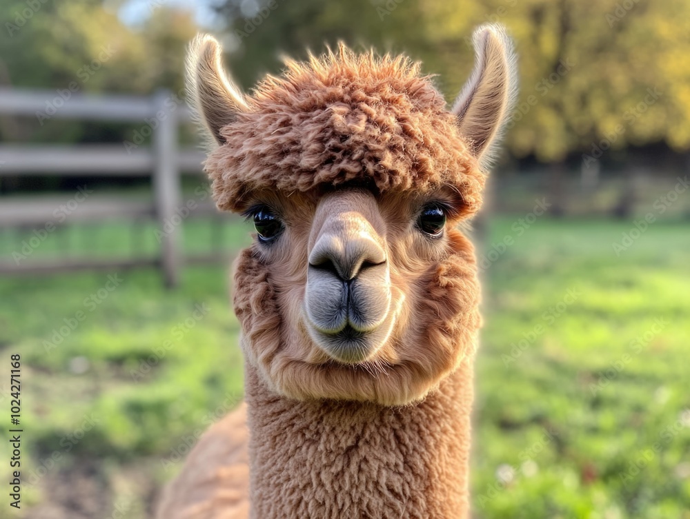 Obraz premium Charming close-up of a brown alpaca with soft, fluffy fur, standing in a grassy field with a blurred backdrop of trees and a wooden fence, capturing a serene and peaceful farm setting