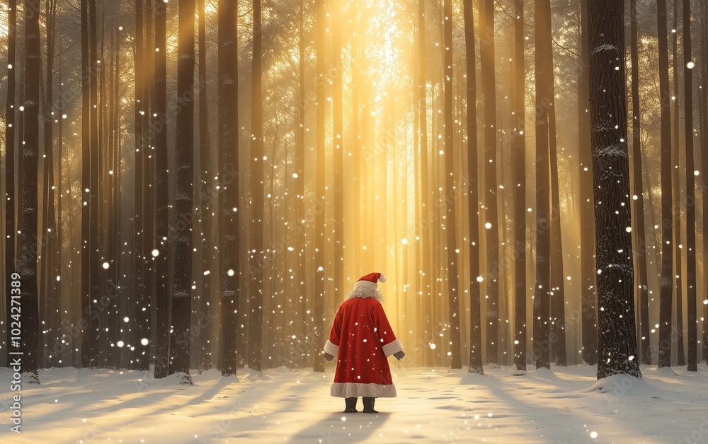 A magical forest scene with Santa Claus in a snowy landscape, surrounded by tall trees and golden light.