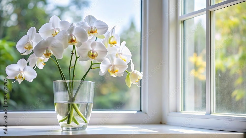 Close-up image of white orchids in a vase on windowsill Close-up image of white orchids in a vase on windowsill