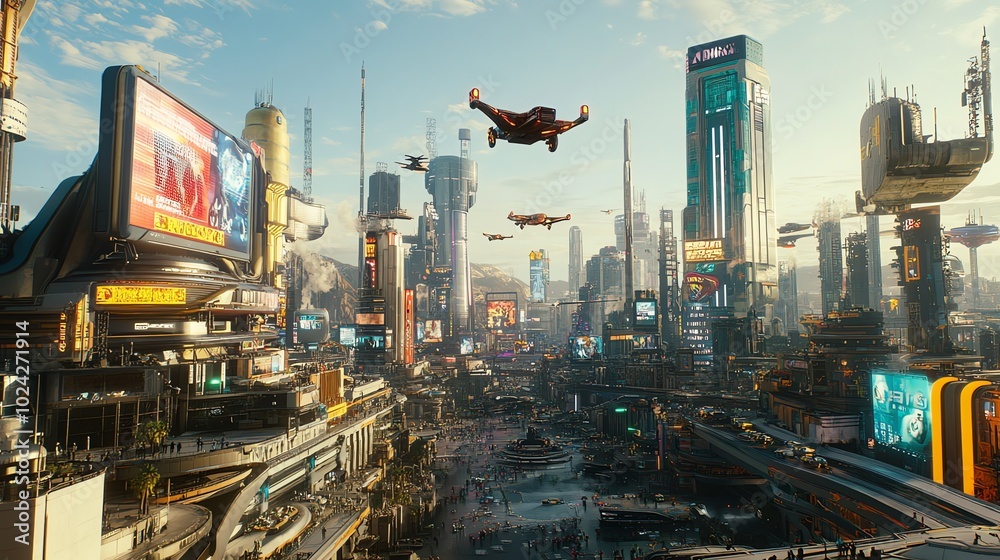 A futuristic cityscape with flying vehicles and towering skyscrapers. A futuristic cityscape with flying vehicles and towering skyscrapers.