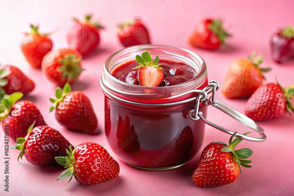 Close-up jar of strawberry jam surrounded by fresh ripe strawberries on pink background Close-up jar of strawberry jam surrounded by fresh ripe strawberries on pink background