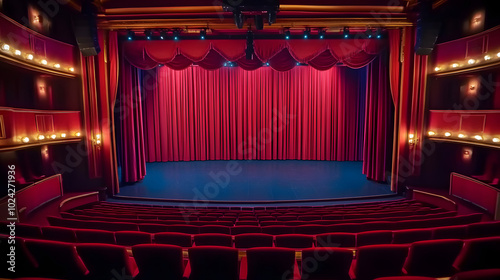 Theater scene interior with balconies and seats. Classic theater stage with a red curtain