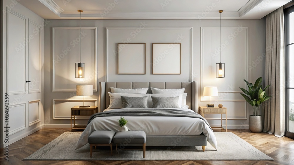 Fototapeta premium Close-Up luxury bedroom white wall with posters frames