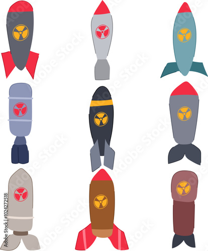 atomic bomb set cartoon. radiation uranium, detonation fallout, hiroshima nagasaki atomic bomb sign. isolated symbol vector illustration