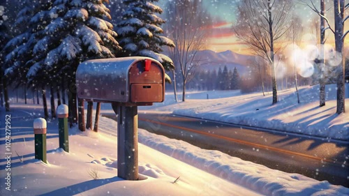 red mailbox on the side of a road hit by snowfall