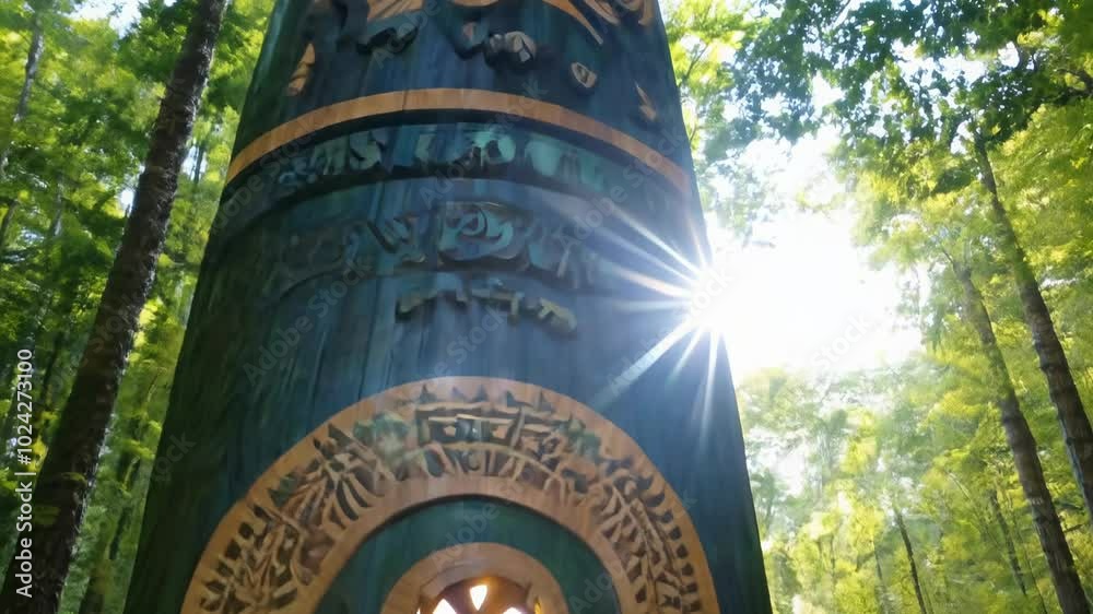 Camera zooms in on a carved totem during indigenous peoples' day, illuminated by dappled sunlight in a wooded clearing Camera zooms in on a carved totem during indigenous peoples' day, illuminated by dappled sunlight in a wooded clearing