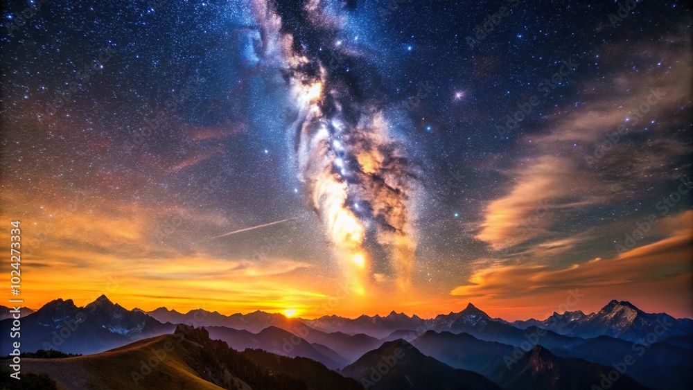 Close-Up mountain sunset with Milky Way stars Close-Up mountain sunset with Milky Way stars