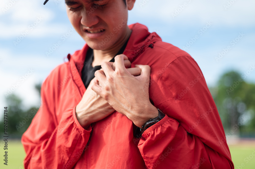 Asian male exerciser or athlete suffering from severe fatigue and chest pain Athlete having heart attack while jogging professional athlete health.exercise, training, or playing sports Asian male exerciser or athlete suffering from severe fatigue and chest pain Athlete having heart attack while jogging professional athlete health.exercise, training, or playing sports