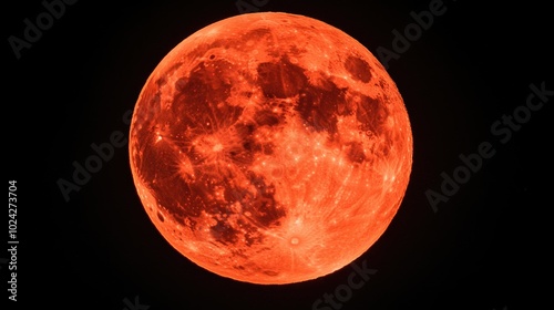 Full red moon detailed surface, black night sky, craters and shadows.
