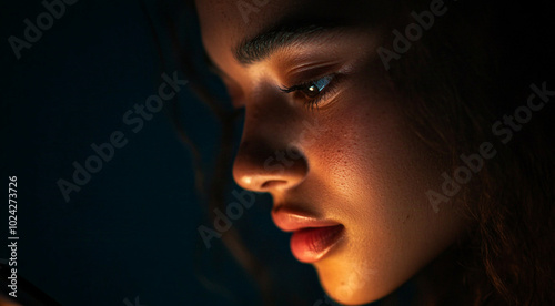 close up of a young mixed race woman . in the dark, with a slight bokeh background behind her, her face is lit by the faint blue light of her phone that shes looking at with deep interest