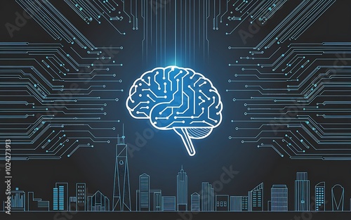 Cybernetic Brain over Cityscape: Futuristic digital brain glowing with artificial intelligence, superimposed over a cityscape at night.