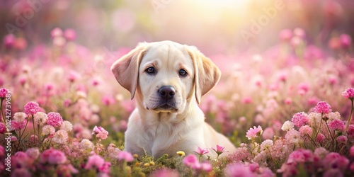 Watercolor painting of Labrador retriever puppy among pink flowers photo