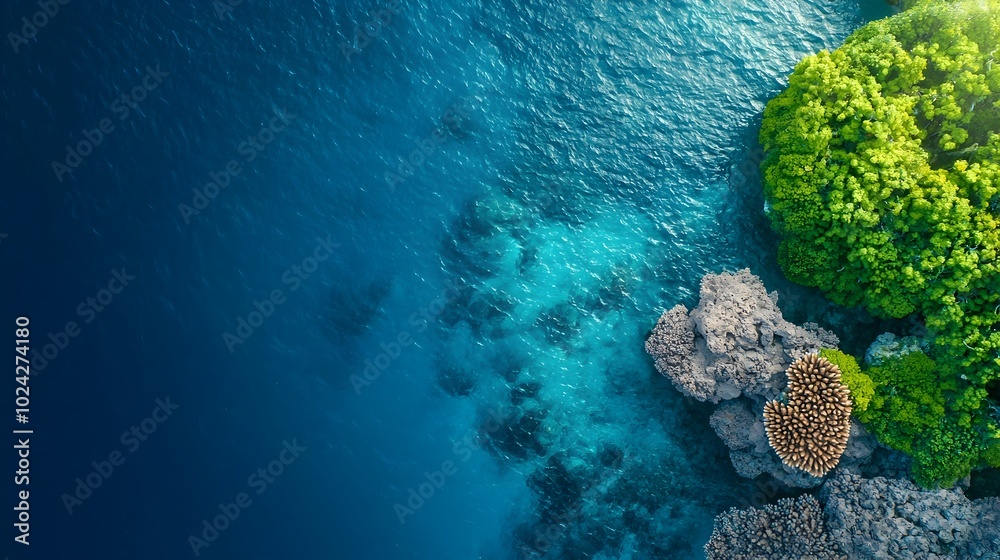Fototapeta premium Stunning aerial perspective showcasing the vibrant colors and intricate patterns of a lush coral reef system thriving in the crystal clear turquoise waters of a remote tropical ocean location