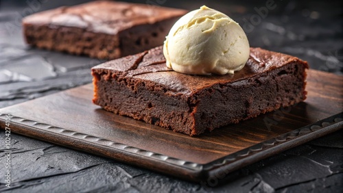 Close-Up of a chocolate brownie and vanilla ice cream on slate platter