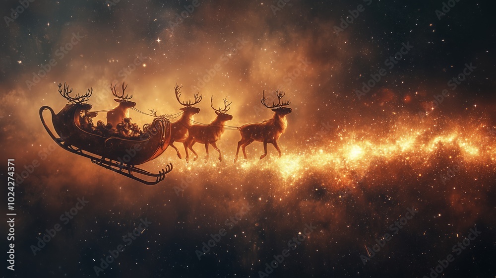 Santa's sleigh with reindeer gliding through a glowing, star-filled sky, evoking wonder and festive magic. Santa's sleigh with reindeer gliding through a glowing, star-filled sky, evoking wonder and festive magic.