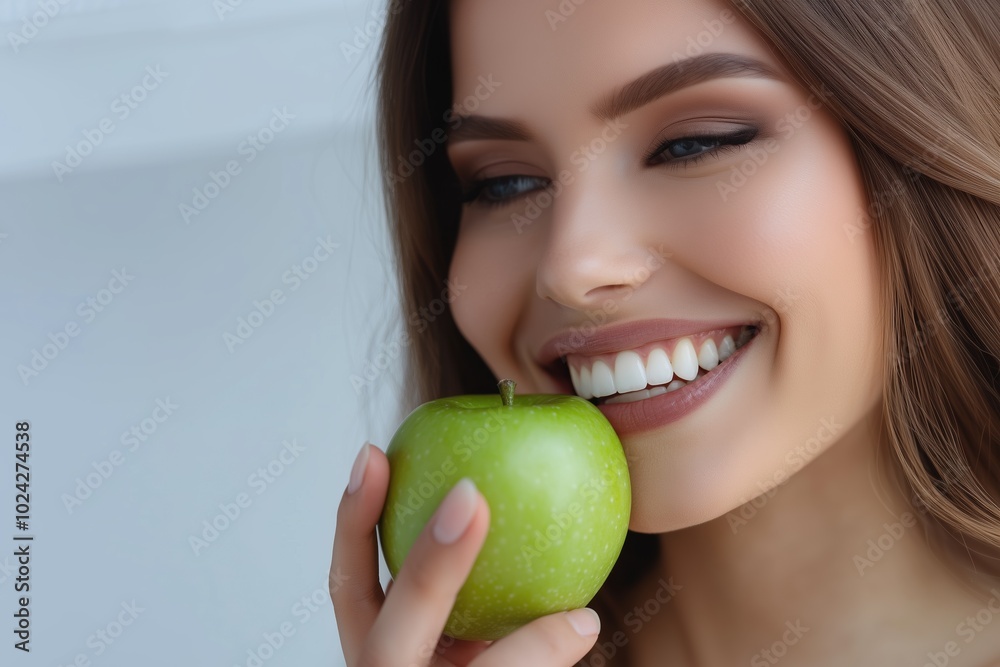 A woman smiling happily while holding a fresh green apple in a well-lit indoor space A woman smiling happily while holding a fresh green apple in a well-lit indoor space