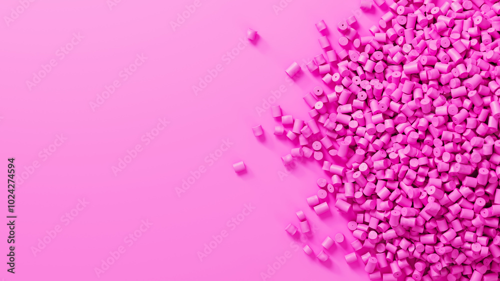 Obraz premium Closeup top view on pink plastic polypropylene granules heap on pink backdrop, masterbatch polymer grain pile. HDPE or PVC resin pellets. 3d render illustration