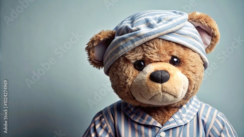 Close-up of a grumpy bear in pajamas and nightcap