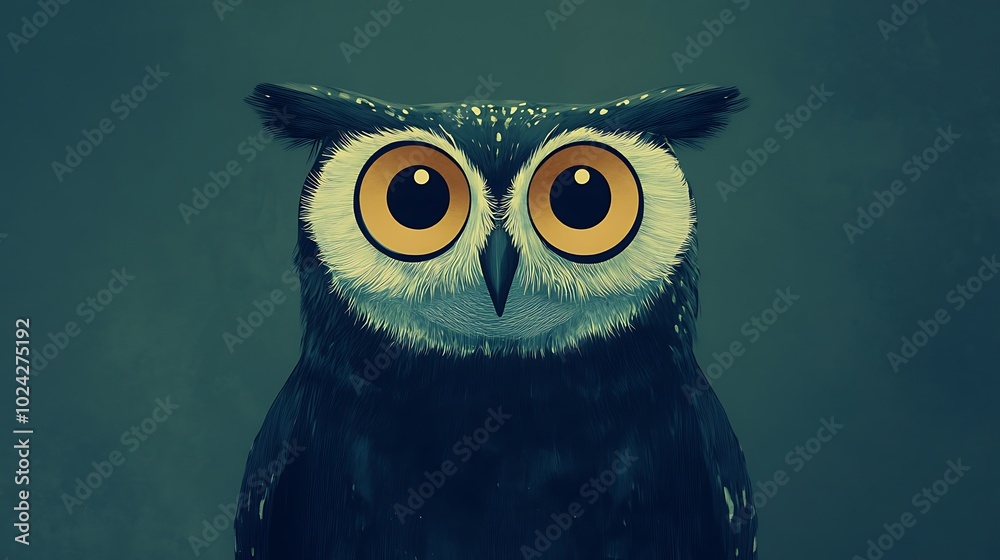 Fototapeta premium Abstract owl illustration using only circles and ovals, with a large circular head and body, and oval-shaped eyes and wings, set against a muted blue background. Smooth and balanced layout,