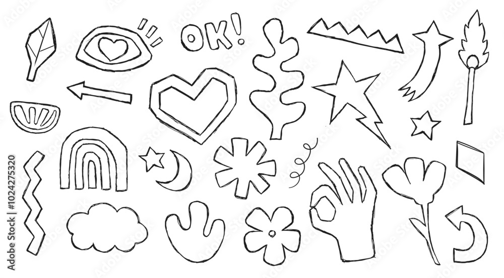 Obraz premium Hand drawn simple elements set. Children's naive drawings with a black pen. Vector illustration isolated on white background.