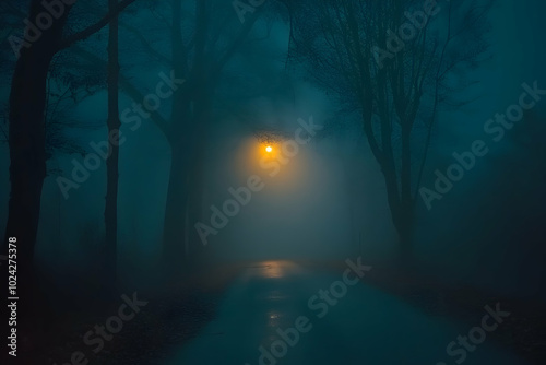 Dark Forest Road Foggy Night Realistic Image