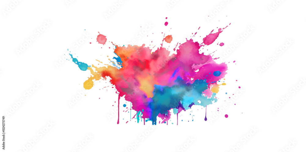 Obraz premium Bright colorful watercolor splash splatter stain brush strokes on white background. Modern vibrant aquarelle spot. Rainbow trendy isolated design on white. Element. Vector watercolor illustration. art