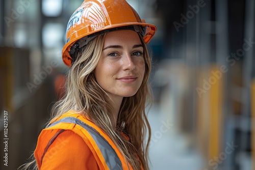 A female architect, wearing a bright vest and safety helmet, arrived at the building site with tools to enhance productivity.