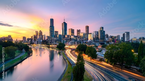 Breathtaking aerial view of a vibrant city skyline at dusk with glimmering lights illuminating the modern high rise buildings and skyscrapers photo