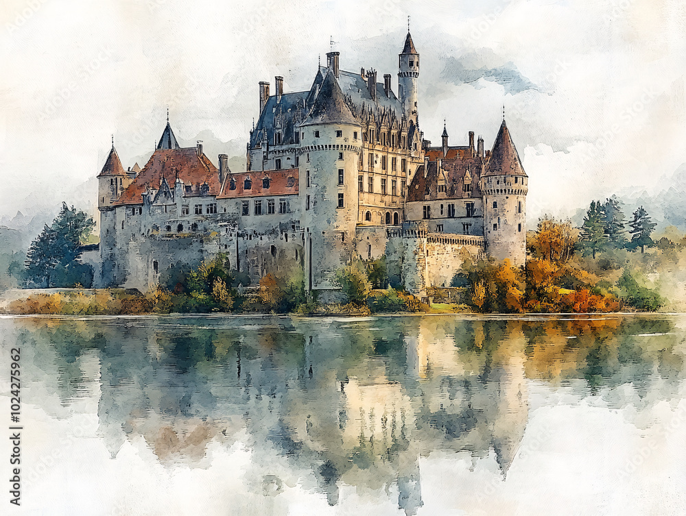 a watercolor painting of a castle with a moat. The castle has a tall tower with a pointed roof and two turrets. The moat is filled with water. The painting is done in an impressionistic style. a watercolor painting of a castle with a moat. The castle has a tall tower with a pointed roof and two turrets. The moat is filled with water. The painting is done in an impressionistic style.