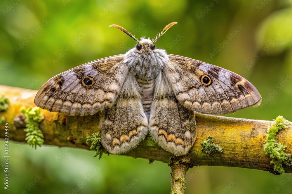 Close-up of a poisonous processionary moth on a branch Close-up of a poisonous processionary moth on a branch