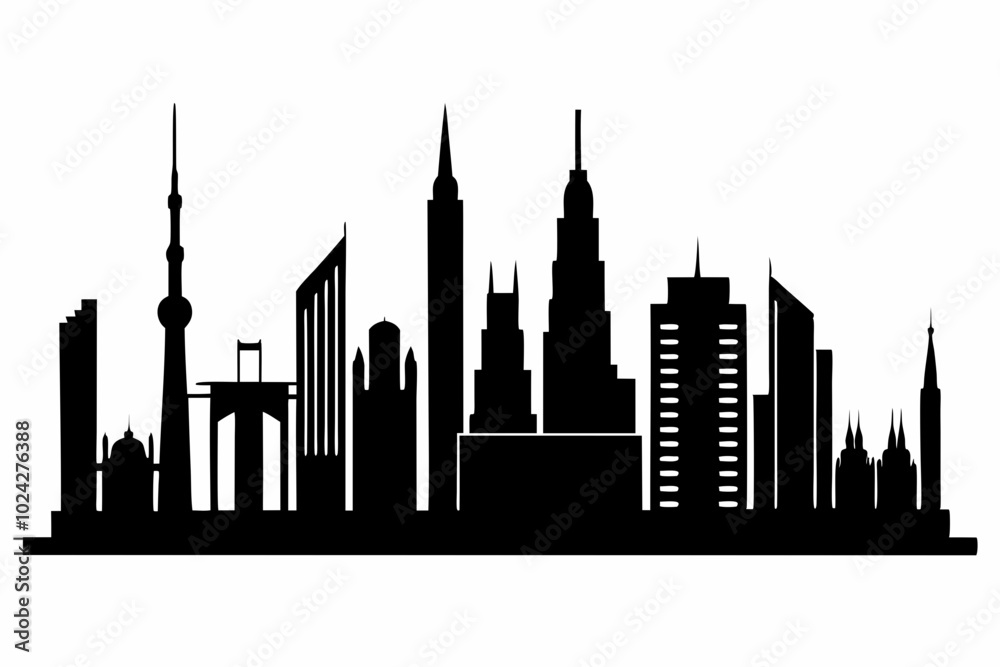 Obraz premium Dubai City Skyline Silhouette, City Buildings Black Silhouette Vector, Dubai Skyline Cityscape Silhouette