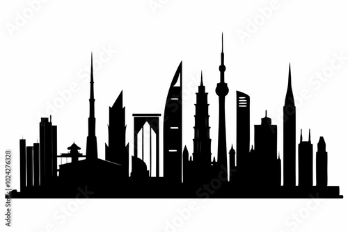 Dubai City Skyline Silhouette, City Buildings Black Silhouette Vector, Dubai Skyline Cityscape Silhouette