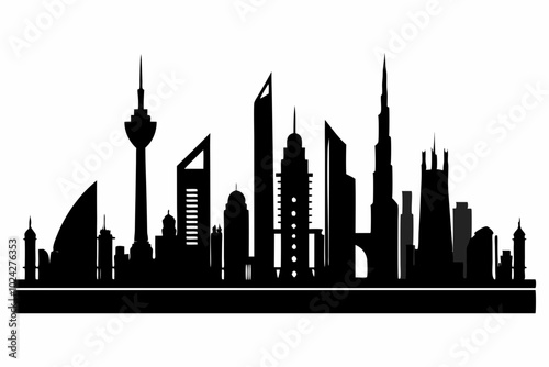 Dubai City Skyline Silhouette, City Buildings Black Silhouette Vector, Dubai Skyline Cityscape Silhouette