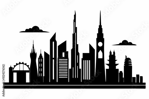 Dubai City Skyline Silhouette, City Buildings Black Silhouette Vector, Dubai Skyline Cityscape Silhouette