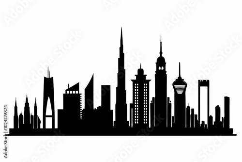 Dubai City Skyline Silhouette, City Buildings Black Silhouette Vector, Dubai Skyline Cityscape Silhouette