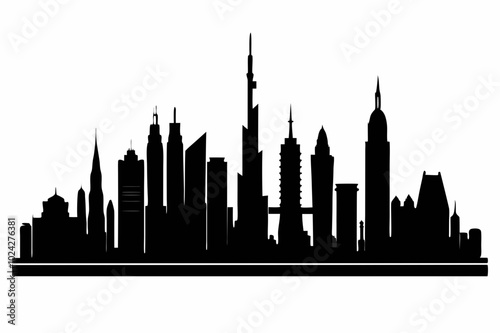 Dubai City Skyline Silhouette, City Buildings Black Silhouette Vector, Dubai Skyline Cityscape Silhouette