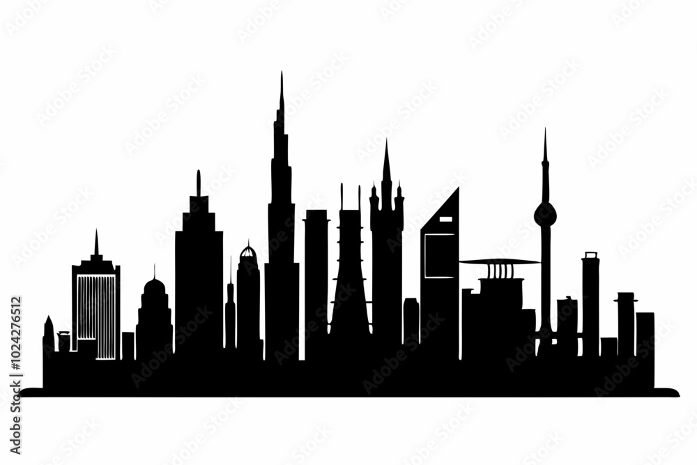 Dubai City Skyline Silhouette, City Buildings Black Silhouette Vector, Dubai Skyline Cityscape Silhouette Dubai City Skyline Silhouette, City Buildings Black Silhouette Vector, Dubai Skyline Cityscape Silhouette