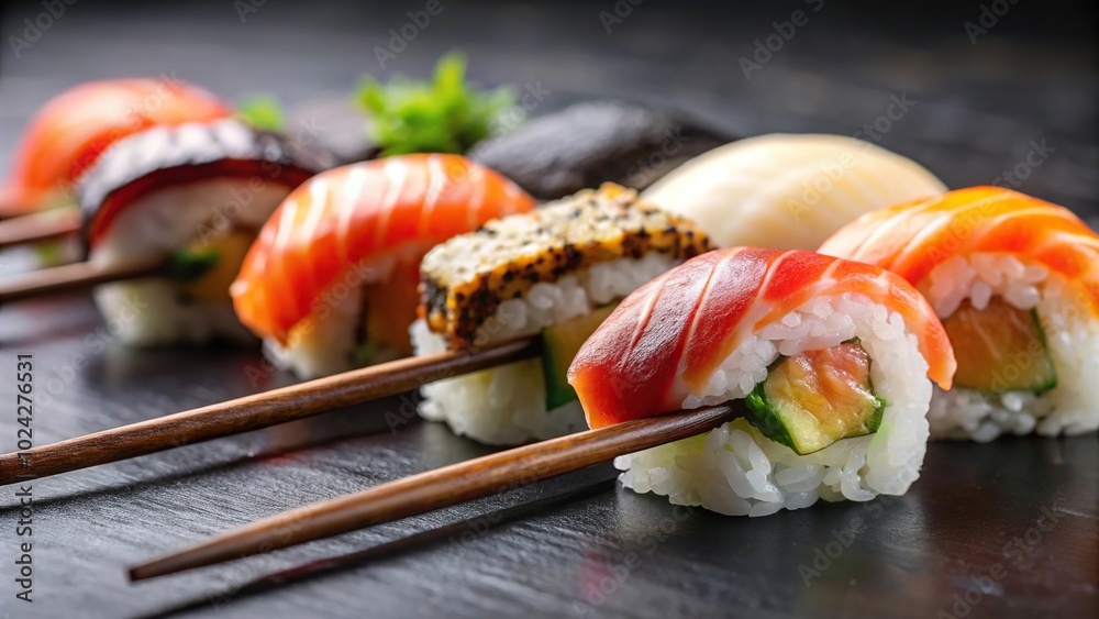 Close-up of a row of sushi pieces with different types of fish and chopsticks on dark surface Close-up of a row of sushi pieces with different types of fish and chopsticks on dark surface