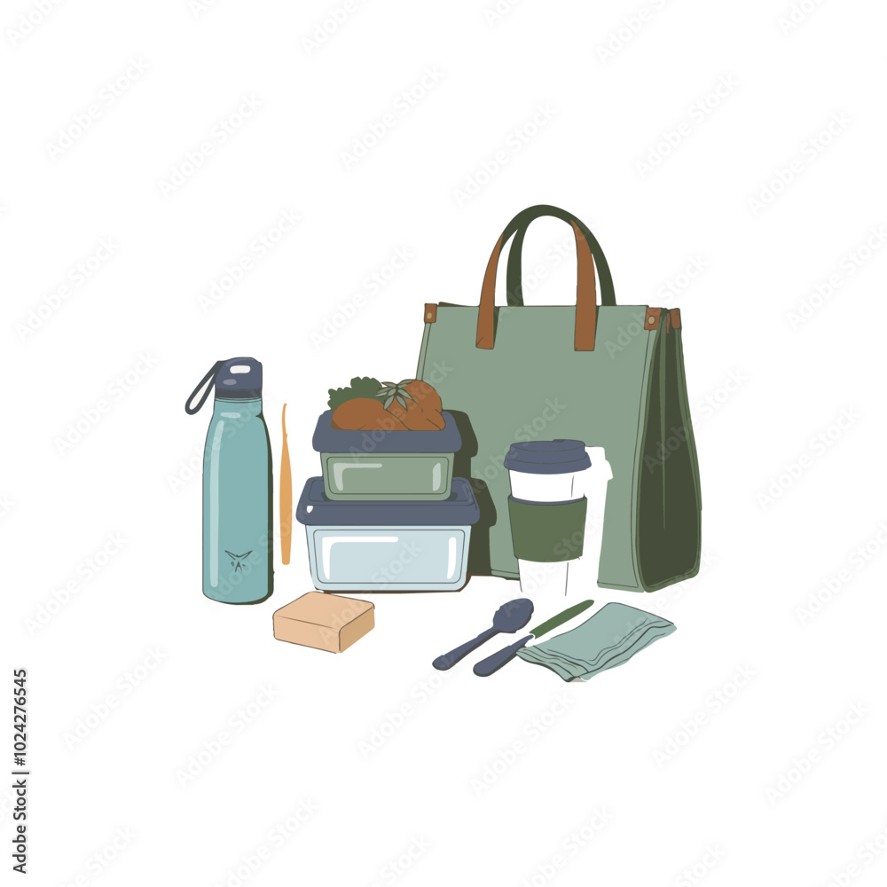 Friendly Reusable Lunch Set and Accessories Vector Illustration Friendly Reusable Lunch Set and Accessories Vector Illustration
